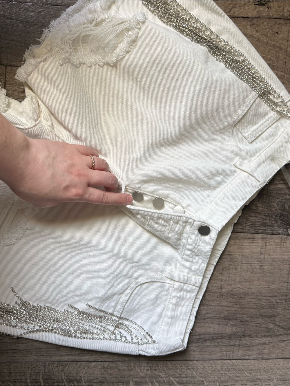 Savanna Jane White Denim Shorts with Embellished Rhinestone Fringe